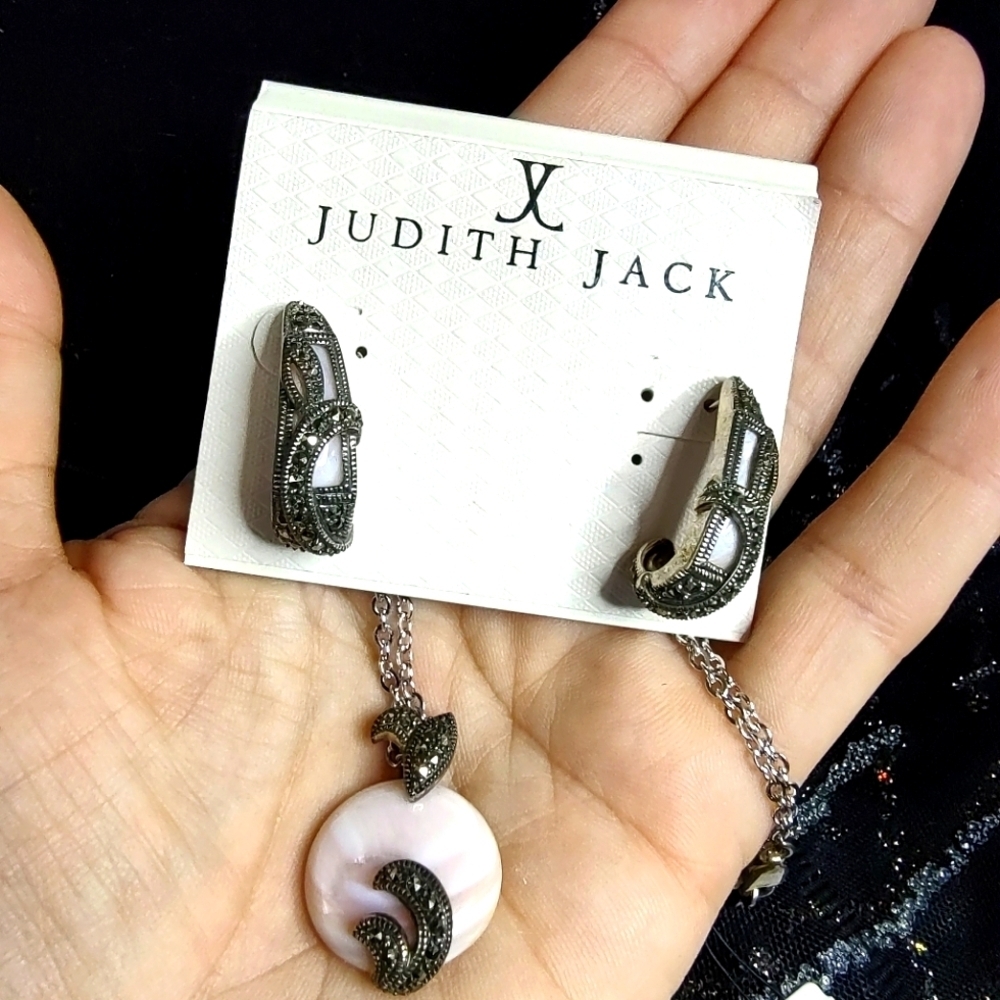 Judith Jack Necklace 925 SS Marcasite Overlay Natural Pink Round Opal Earrings